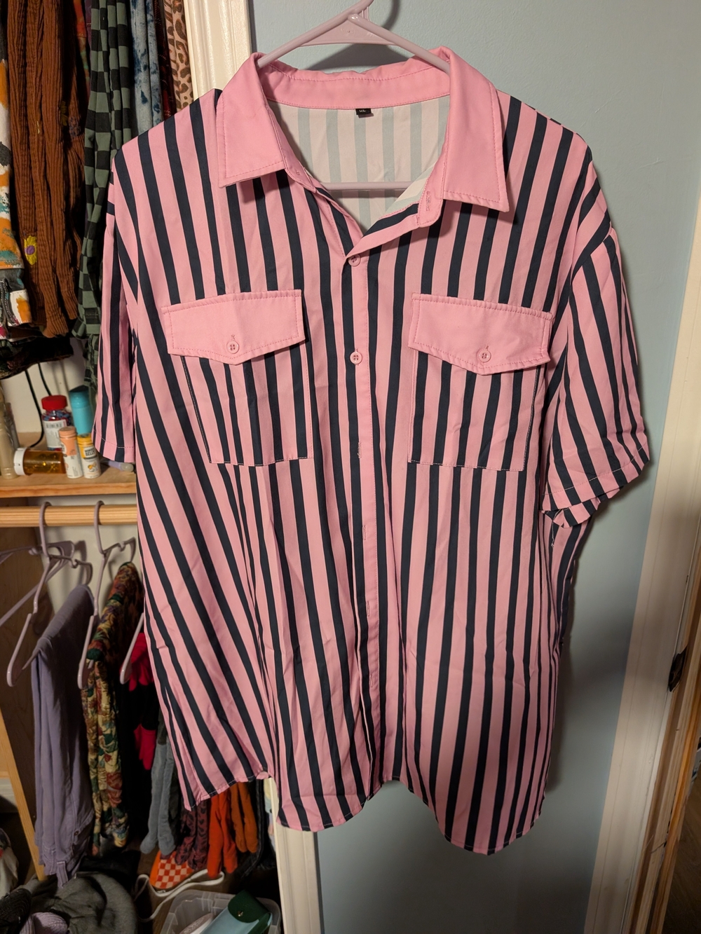 Men's Pink and Black Vertical Stripe Short-Sleeve Shirt